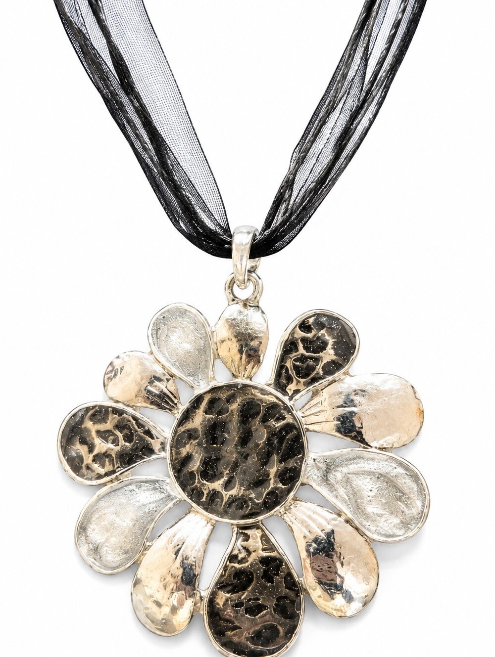 Boho Silver Tone Sunflower Pendant Necklace Black Organza Ribbon Statement Flora